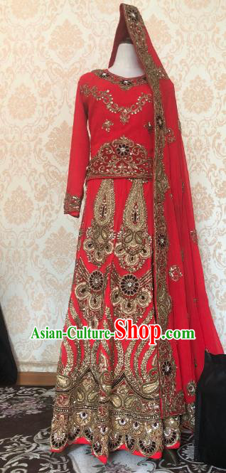 Indian Traditional Embroidered Red Lehenga Dress Asian Hui Nationality Bride Wedding Costume for Women