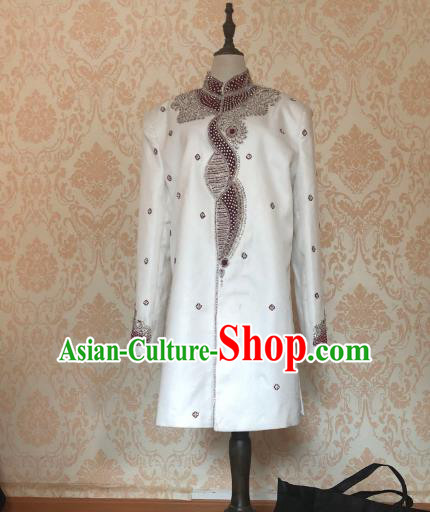 Indian Traditional Embroidered White Coat Asian Hui Nationality Bridegroom Wedding Costume for Men