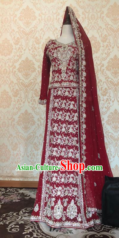 Indian Traditional Embroidered Wine Red Lehenga Dress Asian Hui Nationality Bride Wedding Costume for Women
