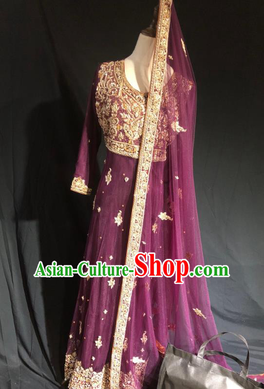 Indian Traditional Bride Embroidered Purple Lehenga Dress Asian Hui Nationality Wedding Costume for Women