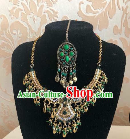 Indian Traditional Wedding Green Beads Eyebrows Pendant and Necklace Asian India Bride Headwear Jewelry Accessories for Women