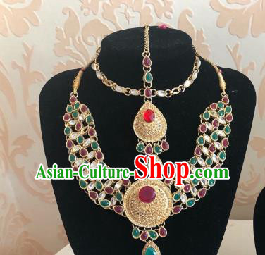 Indian Traditional Wedding Colorful Gems Eyebrows Pendant and Necklace Asian India Bride Headwear Jewelry Accessories for Women