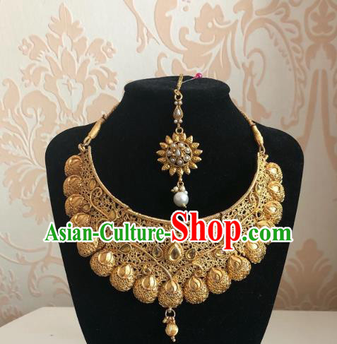 Indian Traditional Wedding Golden Eyebrows Pendant and Necklace Asian India Bride Headwear Jewelry Accessories for Women