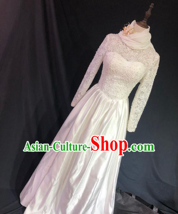 Top Grade Bride White Lace Satin Wedding Dress Bridal Full Dress Wedding Costume for Women