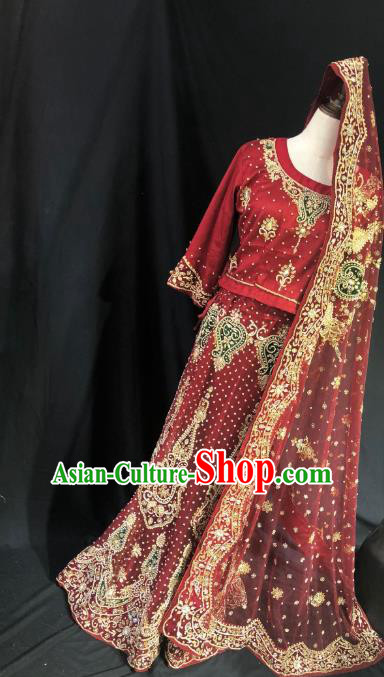 Indian Traditional Bride Dark Red Lehenga Exquisite Embroidered Dress Asian Hui Nationality Wedding Costume for Women