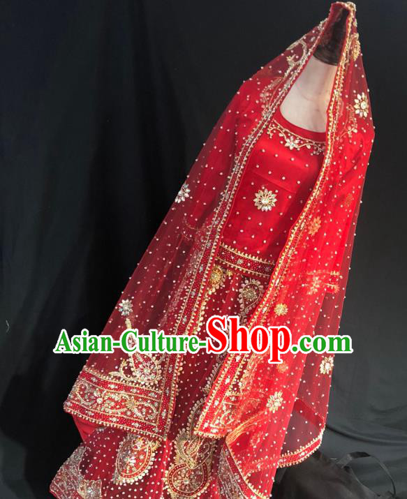 Indian Traditional Bride Red Lehenga Embroidered Dress Asian Hui Nationality Wedding Costume for Women