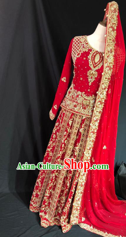 Indian Traditional Bride Embroidered Diamante Red Lehenga Dress Asian Hui Nationality Wedding Costume for Women