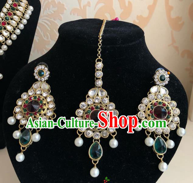 Indian Traditional Wedding Green Crystal Eyebrows Pendant and Earrings Asian India Bride Headwear Jewelry Accessories for Women