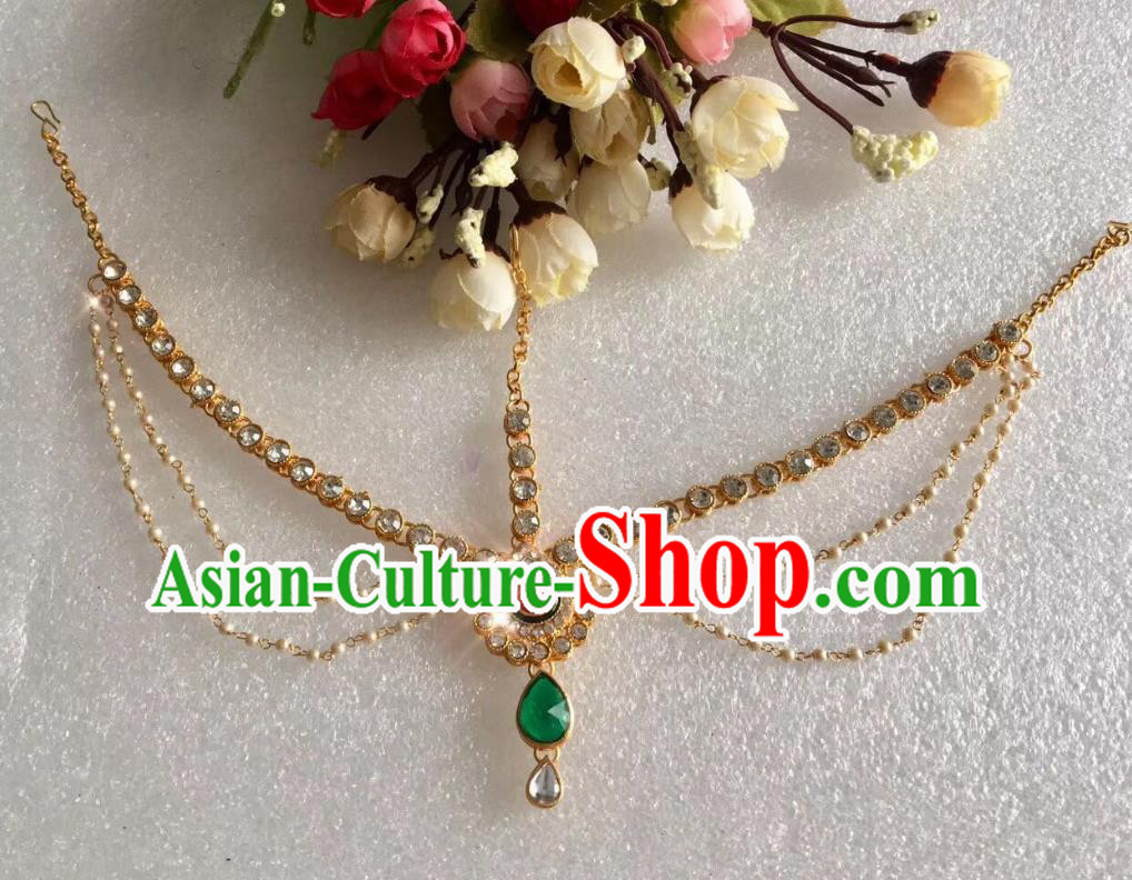 Indian Traditional Wedding Green Crystal Pearls Eyebrows Pendant Asian India Bride Headwear Jewelry Accessories for Women