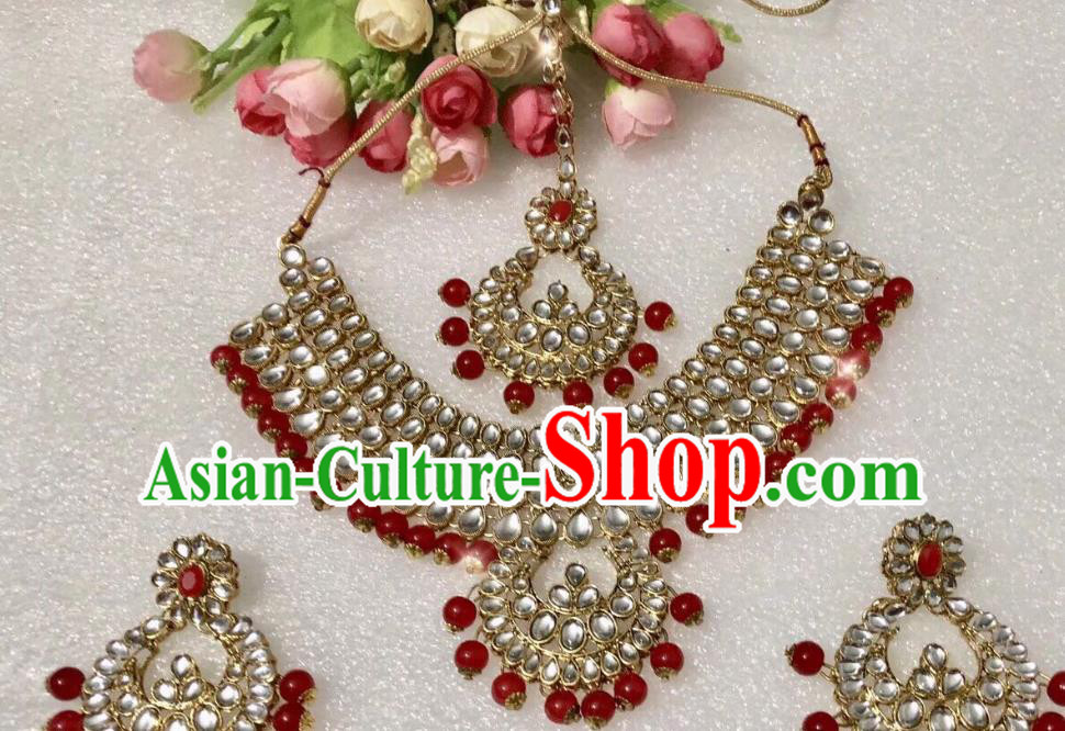 Indian Traditional Wedding Red Beads Eyebrows Pendant Necklace and Earrings Asian India Bride Headwear Jewelry Accessories for Women