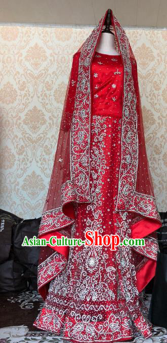 Indian Traditional Wedding Costume Asian Hui Nationality Bride Embroidered Red Satin Lehenga Dress for Women