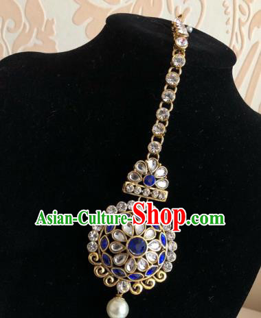 Traditional Indian Wedding Bride Blue Crystal Eyebrows Pendant Asian India Headwear Jewelry Accessories for Women