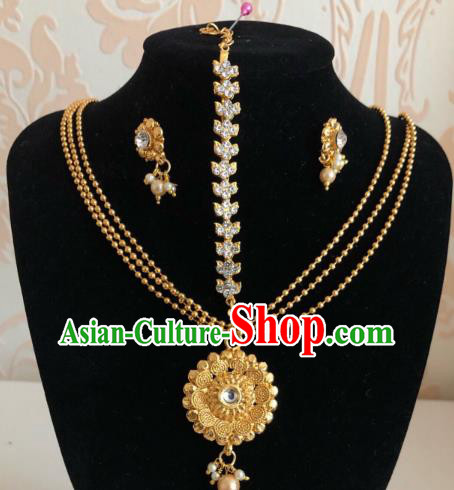 Traditional Indian Wedding Bride Golden Eyebrows Pendant and Earrings Asian India Headwear Jewelry Accessories for Women