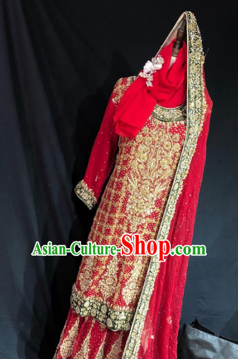 Indian Traditional Embroidered Beads Red Lehenga Dress Asian Hui Nationality Bride Wedding Costume for Women