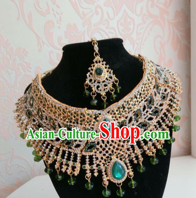 Traditional Indian Court Wedding Green Crystal Eyebrows Pendant and Necklace Asian India Headwear Jewelry Accessories for Women