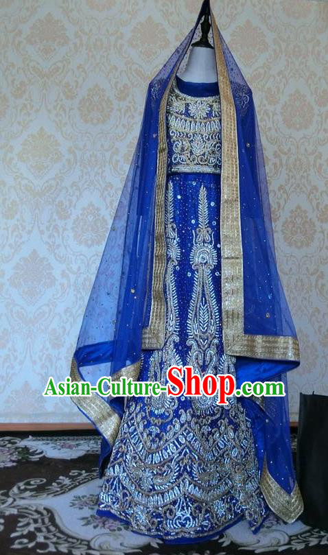 Indian Traditional Wedding Royalblue Embroidered Costume Asian Hui Nationality Bride Lehenga Dress for Women