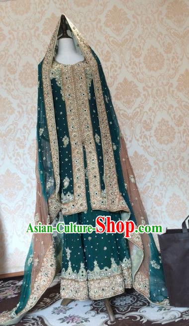 Indian Traditional Wedding Deep Green Embroidered Costume Asian Hui Nationality Bride Lehenga Dress for Women