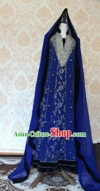 Indian Traditional Wedding Deep Blue Embroidered Costume Asian Hui Nationality Bride Lehenga Dress for Women