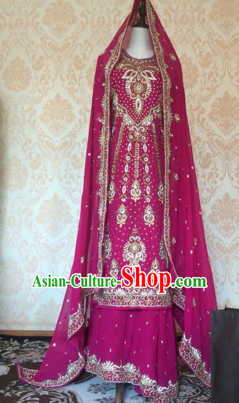 Indian Traditional Wedding Embroidered Rosy Costume Asian Hui Nationality Bride Lehenga Dress for Women