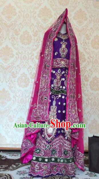 Indian Traditional Wedding Purple Lehenga Dress Asian Hui Nationality Bride Embroidered Costume for Women