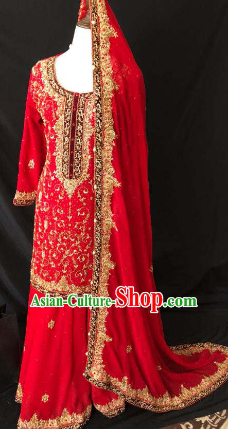 Indian Traditional Wedding Embroidered Red Lehenga Dress Asian Hui Nationality Bride Costume for Women