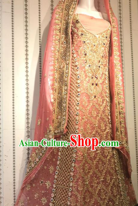 Indian Traditional Bride Peach Pink Lehenga Embroidered Dress Asian Hui Nationality Wedding Costume for Women