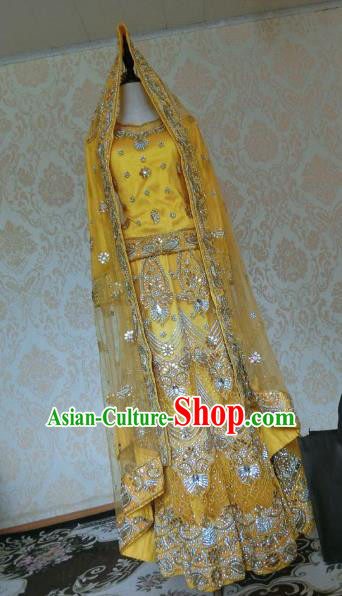 Indian Traditional Yellow Lehenga Costume Asian Hui Nationality Wedding Bride Embroidered Dress for Women