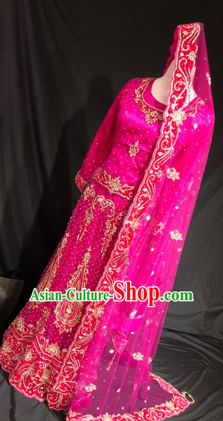 Indian Traditional Wedding Embroidered Diamante Rosy Lehenga Dress Asian Hui Nationality Bride Costume for Women