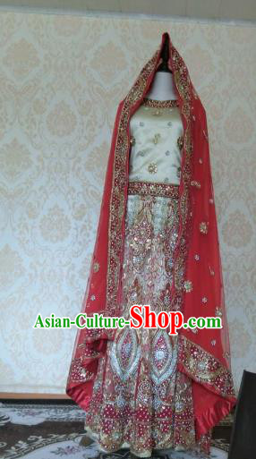 Indian Traditional Diamante White Lehenga Costume Asian Hui Nationality Wedding Bride Embroidered Dress for Women