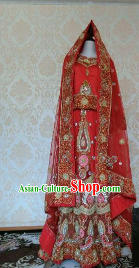 Indian Traditional Pearls Embedded Red Lehenga Costume Asian Hui Nationality Wedding Bride Embroidered Dress for Women