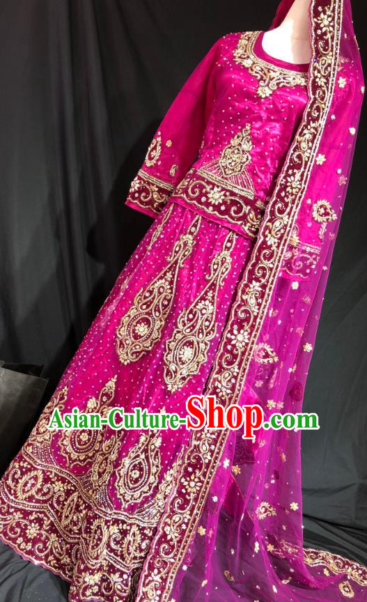 Indian Traditional Wedding Rosy Embroidered Diamante Lehenga Dress Asian Hui Nationality Bride Costume for Women