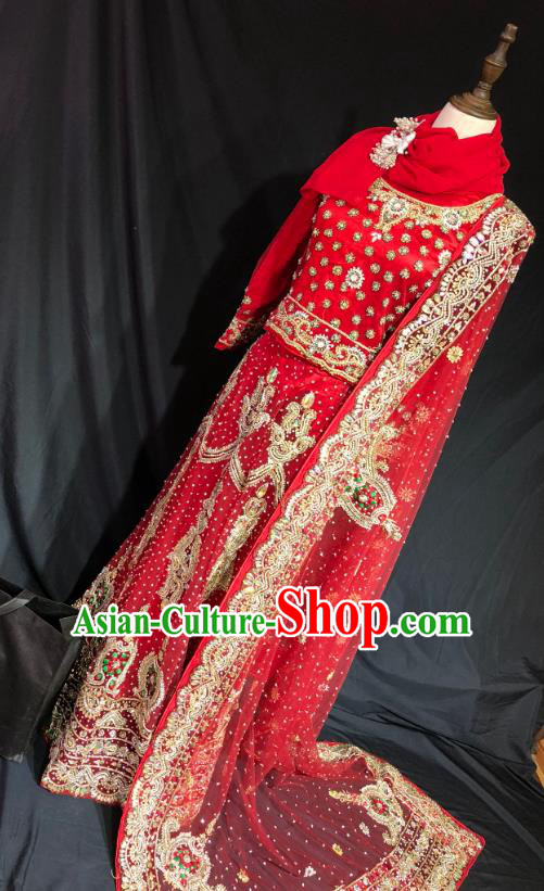 Indian Traditional Wedding Red Embroidered Diamante Lehenga Dress Asian Hui Nationality Bride Costume for Women