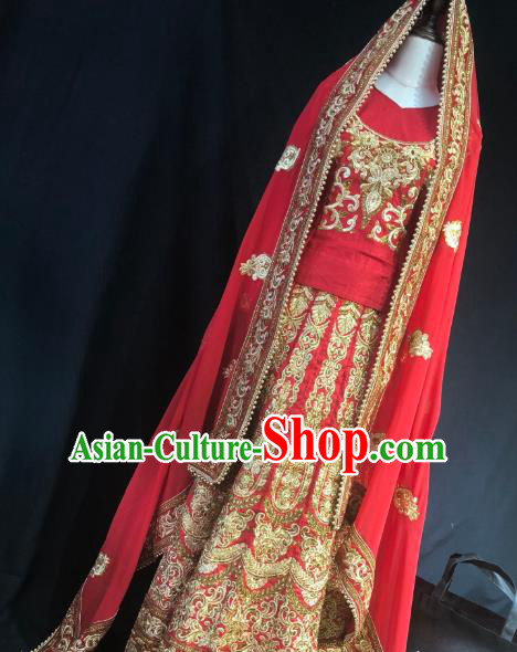 Indian Traditional Wedding Embroidered Red Lehenga Dress Asian Hui Nationality Bride Costume for Women