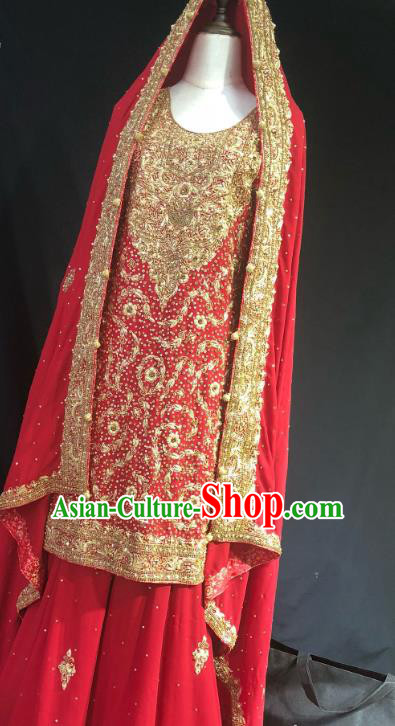 Indian Traditional Wedding Embroidered Golden Beads Red Lehenga Dress Asian Hui Nationality Bride Costume for Women