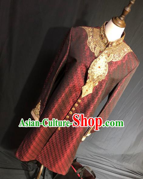 Indian Traditional Embroidered Dark Red Coat Asian Hui Nationality Bridegroom Wedding Costume for Men