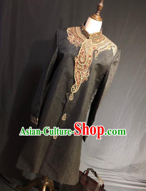 Indian Traditional Embroidered Black Coat Asian Hui Nationality Bridegroom Wedding Costume for Men