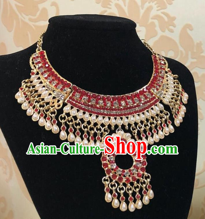 Indian Traditional Wedding Luxury Red Crystal Pearls Necklace Asian India Bride Jewelry Accessories for Women