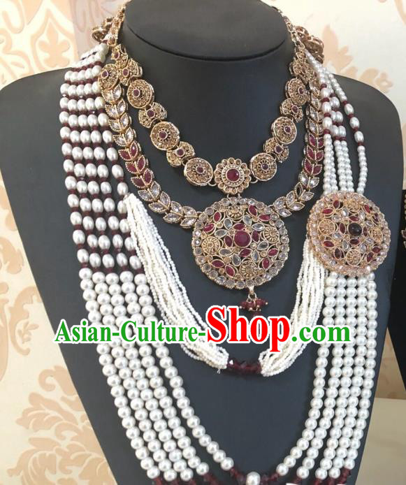 Traditional Indian Wedding Bride Eyebrows Pendant and Beads Necklace Asian India Headwear Jewelry Accessories for Women