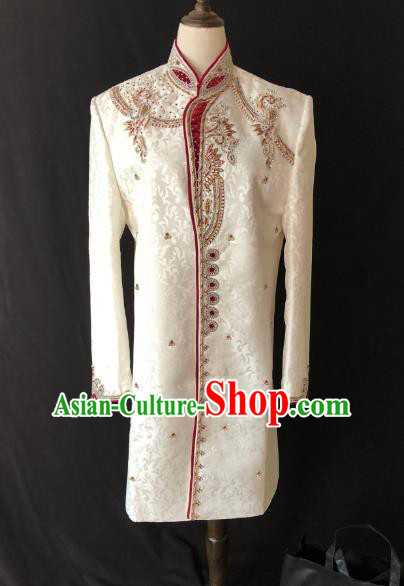 Indian Traditional Court Wedding Embroidered White Coat Asian Hui Nationality Bridegroom Costume for Men