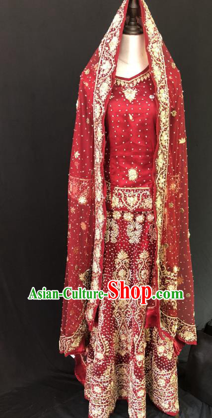 Indian Traditional Wedding Bride Embroidered Red Lehenga Dress Asian Hui Nationality Costume for Women