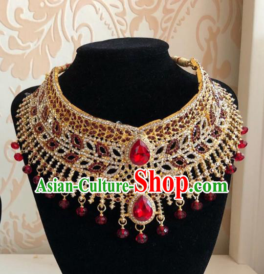 Indian Traditional Wedding Red Crystal Golden Necklace Asian India Bride Jewelry Accessories for Women