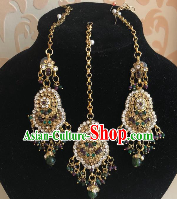 Traditional Indian Wedding Bride Beads Tassel Eyebrows Pendant and Earrings Asian India Headwear Jewelry Accessories for Women