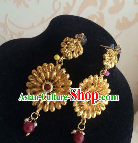 Indian Traditional Wedding Golden Earrings Asian India Court Bride Jewelry Accessories for Women