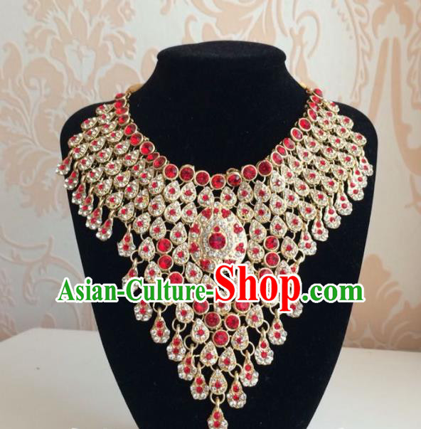 Indian Court Traditional Wedding Luxury Red Crystal Necklace Asian India Bride Jewelry Accessories for Women