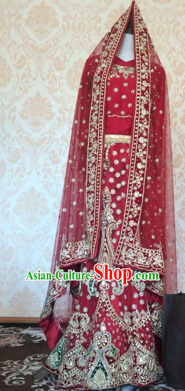 Indian Traditional Court Bride Purplish Red Lehenga Costume Asian Hui Nationality Wedding Embroidered Dress for Women