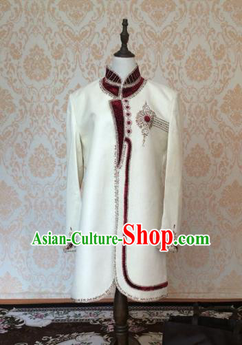 Indian Traditional Court Wedding Embroidered White Satin Coat Asian Hui Nationality Bridegroom Costume for Men