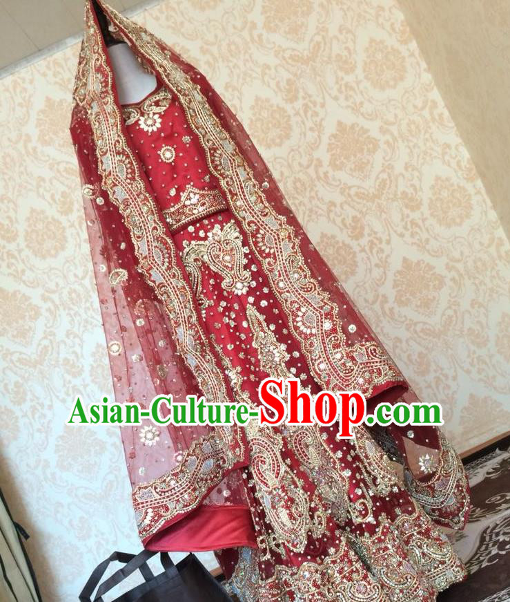 Indian Traditional Court Wedding Purplish Red Lehenga Costume Asian Hui Nationality Bride Embroidered Dress for Women