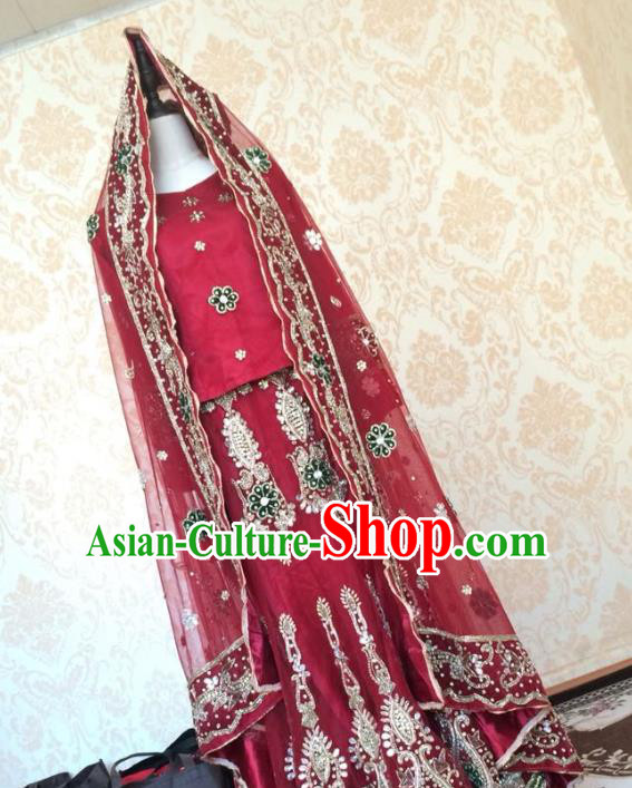 Indian Traditional Court Wedding Wine Red Lehenga Costume Asian Hui Nationality Bride Embroidered Dress for Women