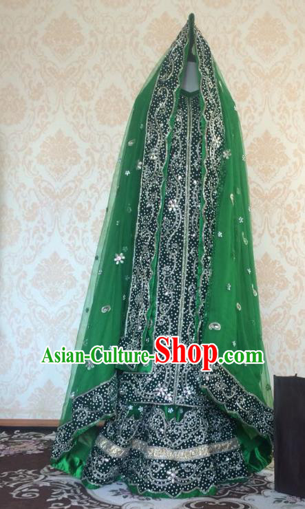 Indian Traditional Diamante Green Satin Lehenga Costume Asian Hui Nationality Wedding Bride Embroidered Dress for Women