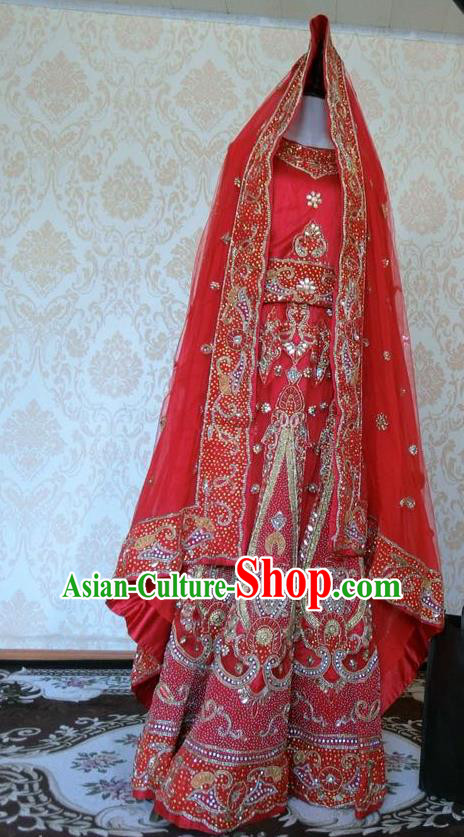 Indian Traditional Diamante Red Lehenga Costume Asian Hui Nationality Wedding Bride Embroidered Dress for Women